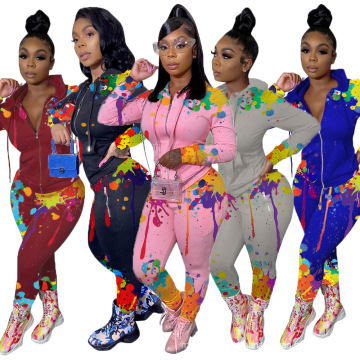 C7254 Fall Fashion Women's Hoodies Sweatsuit Pullover Hoodies Graffiti Colors Clothing Wears For Woman 2 Piece Tracksuit Set